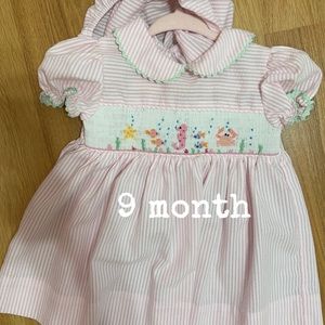Baby girl dress 9 month pink white smocked fish